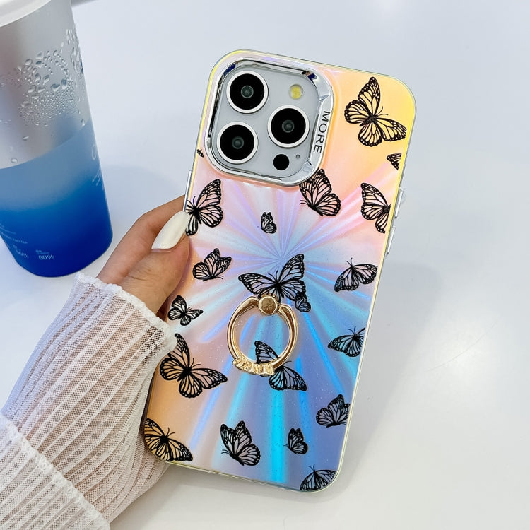 For iPhone 16 Plus Electroplating Laser Butterfly Ring Holder Phone Case(Pink Butterflies AB2) - iPhone 16 Plus Cases by PMC TechLife | Online Shopping South Africa | PMC TechLife | Buy Now Pay Later Mobicred