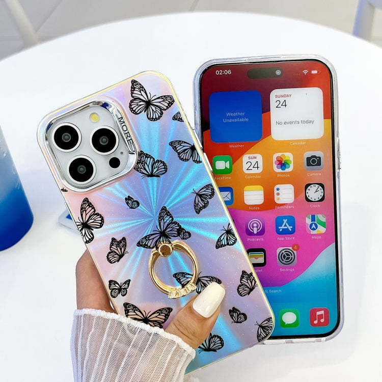 For iPhone 16 Plus Electroplating Laser Butterfly Ring Holder Phone Case(Pink Butterflies AB2) - iPhone 16 Plus Cases by PMC TechLife | Online Shopping South Africa | PMC TechLife | Buy Now Pay Later Mobicred