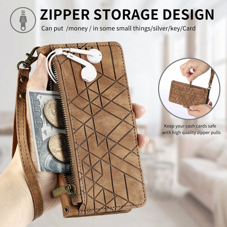 For Huawei Pura 70 Pro Geometric Zipper Wallet Side Buckle Leather Phone Case(Brown) - Huawei Cases by PMC Jewellery | Online Shopping South Africa | PMC Jewellery | Buy Now Pay Later Mobicred