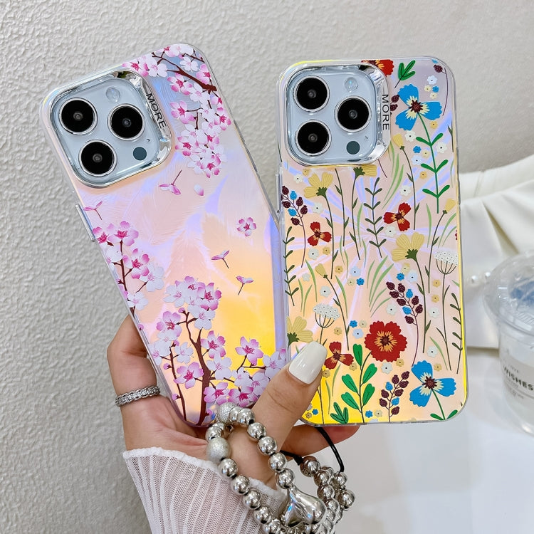 For iPhone 16 Electroplating Laser Flower Phone Case with Wrist Strap(Peach Blossom AH4) - iPhone 16 Cases by PMC TechLife | Online Shopping South Africa | PMC TechLife | Buy Now Pay Later Mobicred
