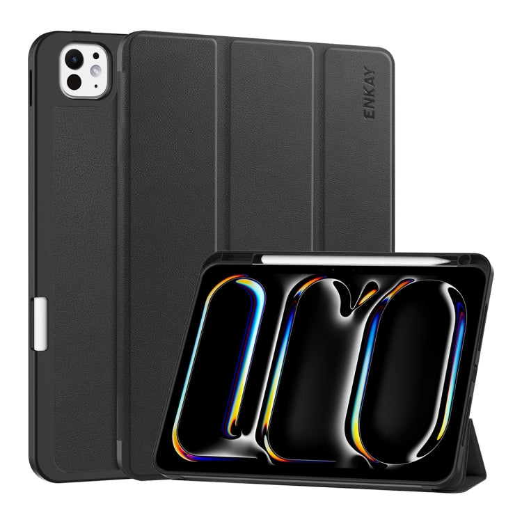 For iPad Pro 13 2024 ENKAY Tri-fold Custer Texture TPU Leather Smart Tablet Case with Pen Slot(Black) - iPad Pro 13 2024 Cases by ENKAY | Online Shopping South Africa | PMC TechLife | Buy Now Pay Later Mobicred