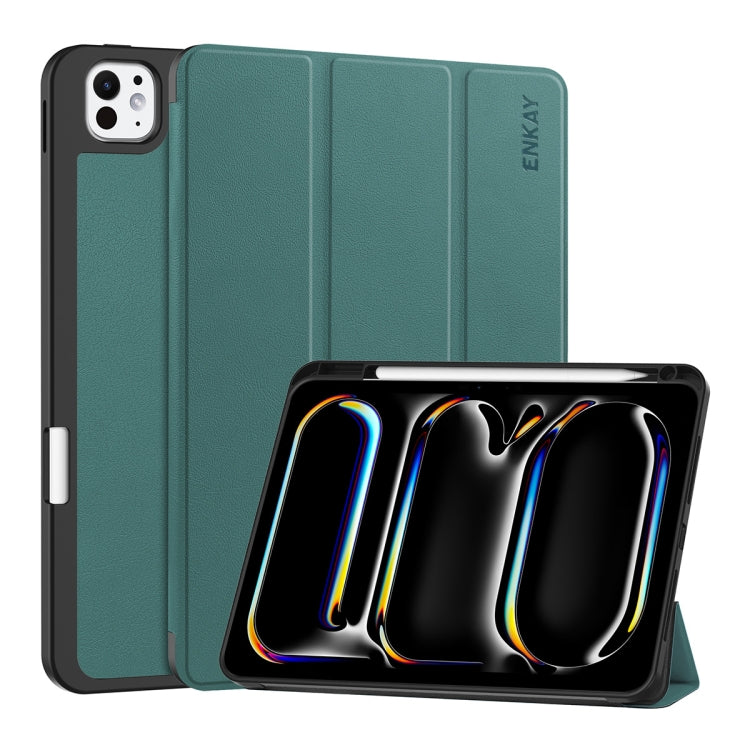 For iPad Pro 13 2024 ENKAY Tri-fold Custer Texture TPU Leather Smart Tablet Case with Pen Slot(Dark Green) - iPad Pro 13 2024 Cases by ENKAY | Online Shopping South Africa | PMC TechLife | Buy Now Pay Later Mobicred
