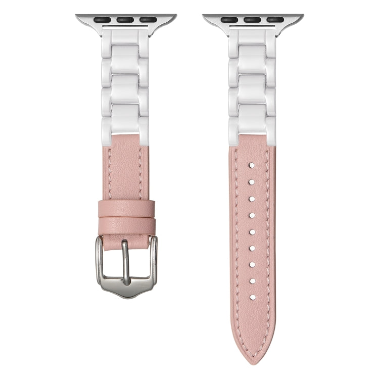 For Apple Watch SE 2023 44mm Ceramic Color Buckle Contrast Leather Watch Band(Light Pink+White+Silver Buckle) - Watch Bands by PMC TechLife | Online Shopping South Africa | PMC TechLife | Buy Now Pay Later Mobicred