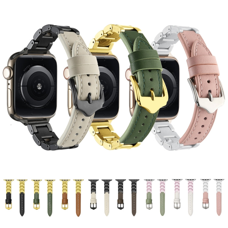 For Apple Watch SE 2022 44mm Ceramic Color Buckle Contrast Leather Watch Band(Light Pink+White+Silver Buckle) - Watch Bands by PMC TechLife | Online Shopping South Africa | PMC TechLife | Buy Now Pay Later Mobicred