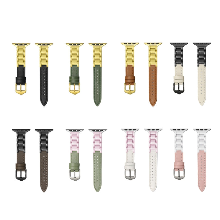 For Apple Watch Series 8 45mm Ceramic Color Buckle Contrast Leather Watch Band(Mint Green+Pink+Silver Buckle) - Watch Bands by PMC TechLife | Online Shopping South Africa | PMC TechLife | Buy Now Pay Later Mobicred