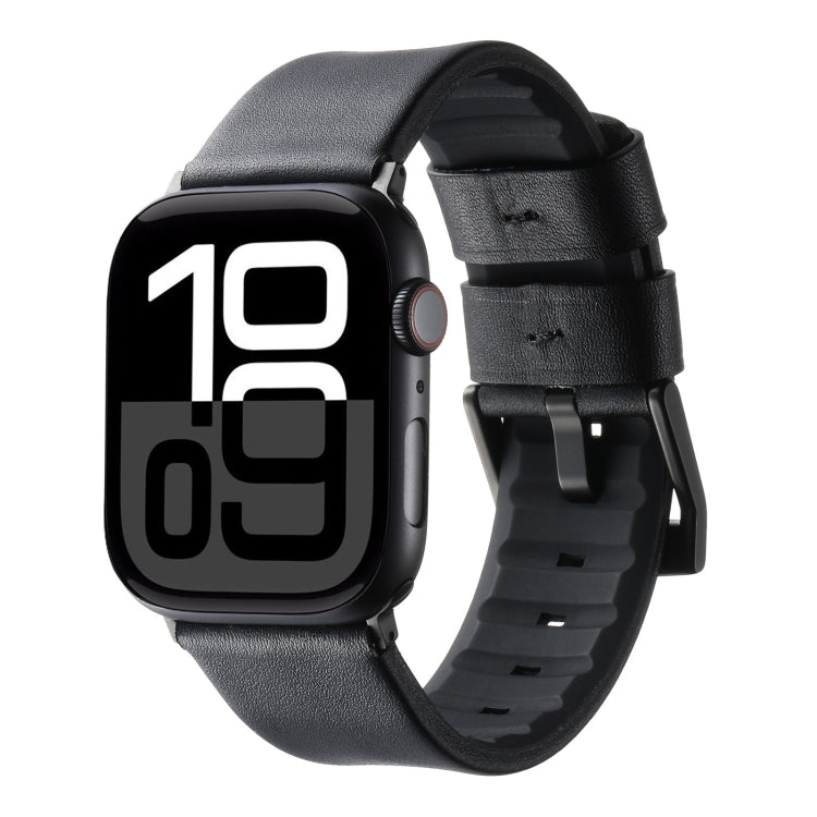 For Apple Watch Series 10 42mm Genuine Leather Hybrid Silicone Watch Band(Black Black Buckle) - Watch Bands by PMC TechLife | Online Shopping South Africa | PMC TechLife | Buy Now Pay Later Mobicred
