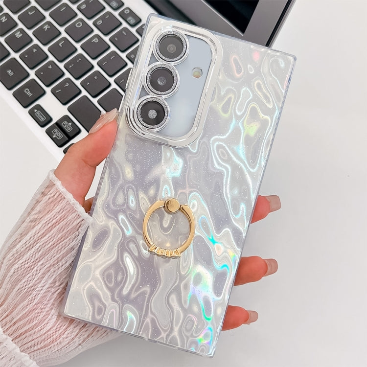 For Samsung Galaxy S25+ 5G Plating Glitter Texture Ring Holder TPU Phone Case with Lens Film(White Wrinkles) - free shipping - PMC Jewellery - Order now!