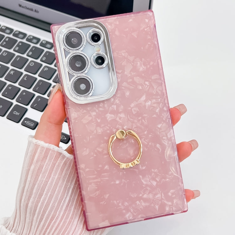 For Samsung Galaxy S25 Ultra 5G Plating Glitter Texture Ring Holder TPU Phone Case with Lens Film(Pink Shell Pattern) - Galaxy S25 Ultra 5G Cases by PMC Jewellery | Online Shopping South Africa | PMC Jewellery | Buy Now Pay Later Mobicred