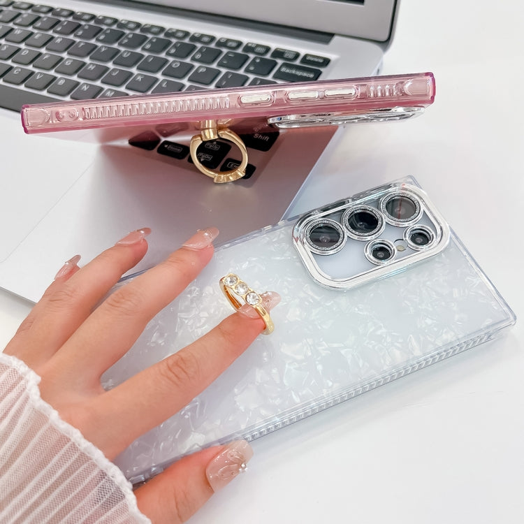 For Samsung Galaxy S25 Ultra 5G Plating Glitter Texture Ring Holder TPU Phone Case with Lens Film(White Shell Pattern) - Galaxy S25 Ultra 5G Cases by PMC Jewellery | Online Shopping South Africa | PMC Jewellery | Buy Now Pay Later Mobicred