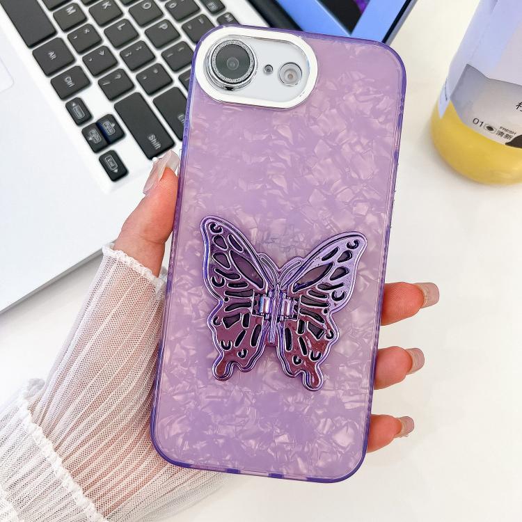 For iPhone 16e Plating Glitter Texture Butterfly Holder TPU Phone Case with Lens Film(Purple Shell Pattern) - free shipping - PMC TechLife - Order now!