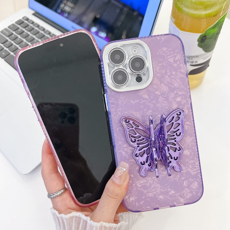 For iPhone 16 Pro Plating Glitter Texture Butterfly Holder TPU Phone Case with Lens Film(Pink Wrinkles) - iPhone 16 Pro Cases by PMC TechLife | Online Shopping South Africa | PMC TechLife | Buy Now Pay Later Mobicred