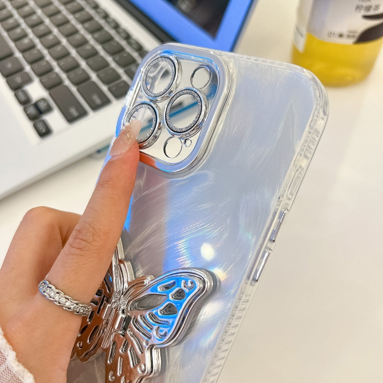 For iPhone 16 Pro Plating Glitter Texture Butterfly Holder TPU Phone Case with Lens Film(Pink Wrinkles) - iPhone 16 Pro Cases by PMC TechLife | Online Shopping South Africa | PMC TechLife | Buy Now Pay Later Mobicred