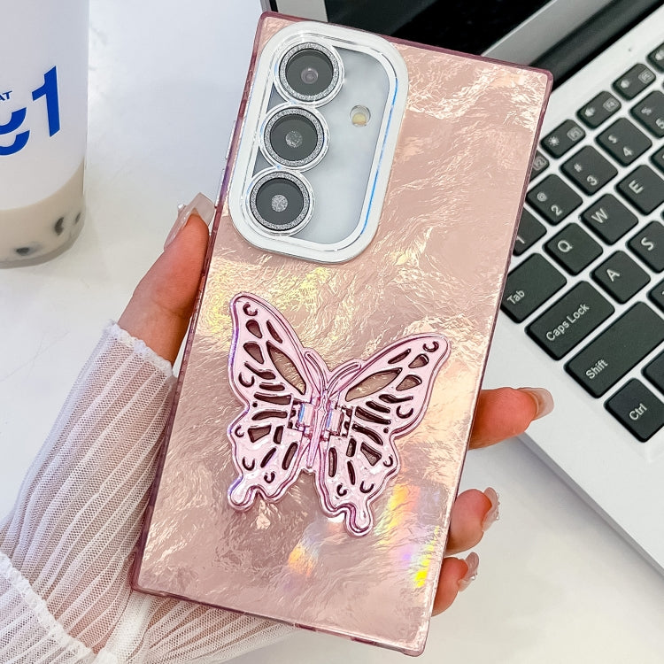 For Samsung Galaxy S25+ 5G Plating Glitter Texture Butterfly Holder TPU Phone Case with Lens Film(Pink Tinfoil Texture) - free shipping - PMC Jewellery - Order now!