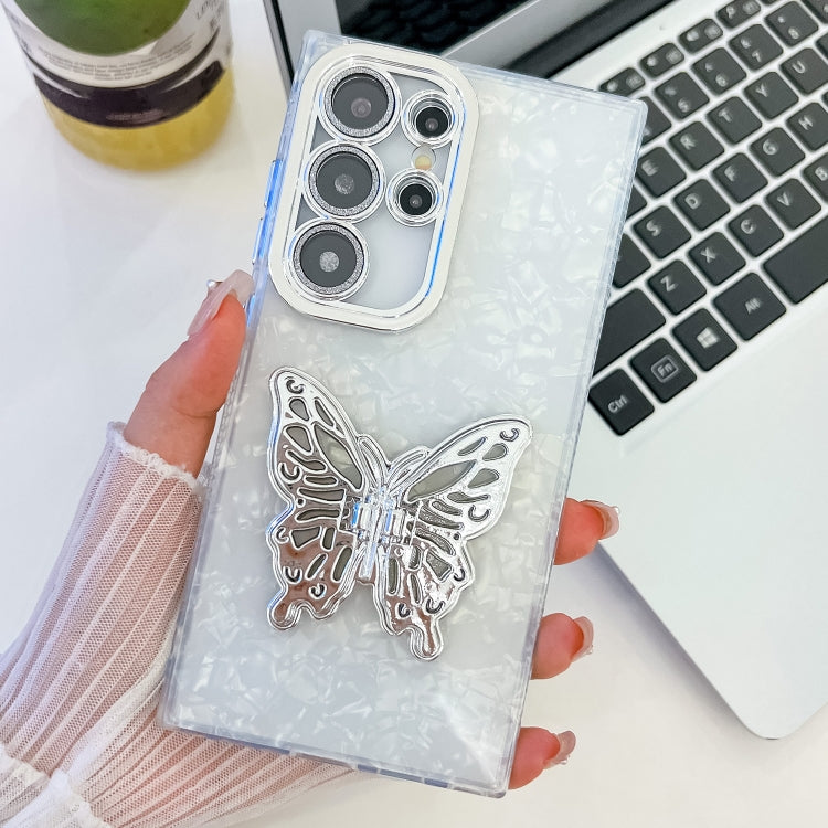 For Samsung Galaxy S25 Ultra 5G Plating Glitter Texture Butterfly Holder TPU Phone Case with Lens Film(White Shell Pattern) - Galaxy S25 Ultra 5G Cases by PMC Jewellery | Online Shopping South Africa | PMC Jewellery | Buy Now Pay Later Mobicred