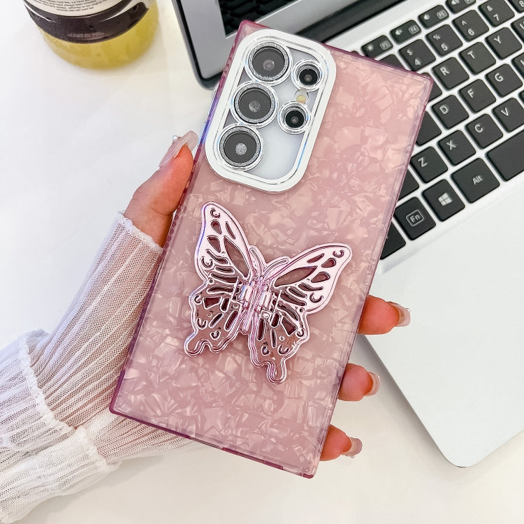 For Samsung Galaxy S25 Ultra 5G Plating Glitter Texture Butterfly Holder TPU Phone Case with Lens Film(Pink Shell Pattern) - Galaxy S25 Ultra 5G Cases by PMC Jewellery | Online Shopping South Africa | PMC Jewellery | Buy Now Pay Later Mobicred