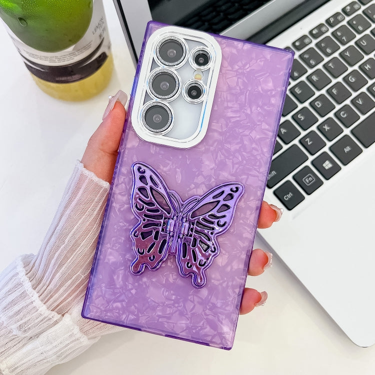 For Samsung Galaxy S25 Ultra 5G Plating Glitter Texture Butterfly Holder TPU Phone Case with Lens Film(Purple Shell Pattern) - Galaxy S25 Ultra 5G Cases by PMC Jewellery | Online Shopping South Africa | PMC Jewellery | Buy Now Pay Later Mobicred