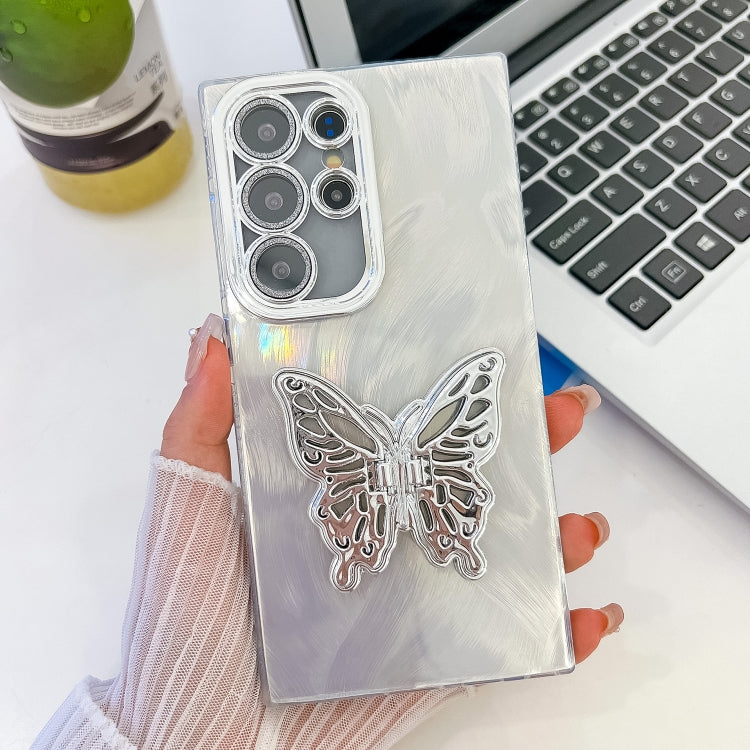For Samsung Galaxy S25 Ultra 5G Plating Glitter Texture Butterfly Holder TPU Phone Case with Lens Film(White Feather Yarn) - Galaxy S25 Ultra 5G Cases by PMC Jewellery | Online Shopping South Africa | PMC Jewellery | Buy Now Pay Later Mobicred