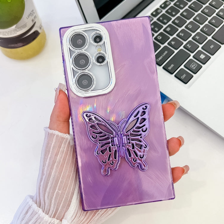 For Samsung Galaxy S25 Ultra 5G Plating Glitter Texture Butterfly Holder TPU Phone Case with Lens Film(Purple Feather Yarn) - Galaxy S25 Ultra 5G Cases by PMC Jewellery | Online Shopping South Africa | PMC Jewellery | Buy Now Pay Later Mobicred
