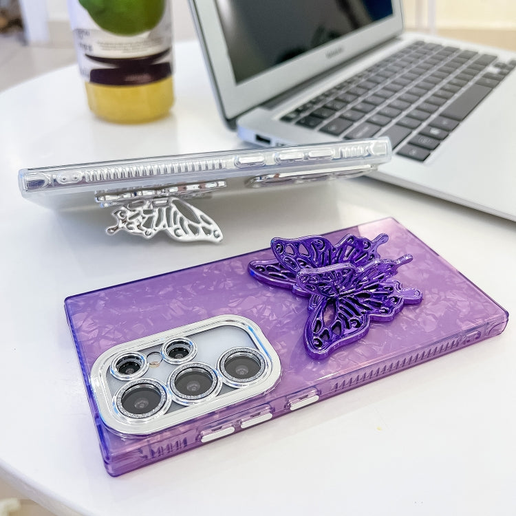 For Samsung Galaxy S25 Ultra 5G Plating Glitter Texture Butterfly Holder TPU Phone Case with Lens Film(Purple Water Ripples) - Galaxy S25 Ultra 5G Cases by PMC Jewellery | Online Shopping South Africa | PMC Jewellery | Buy Now Pay Later Mobicred