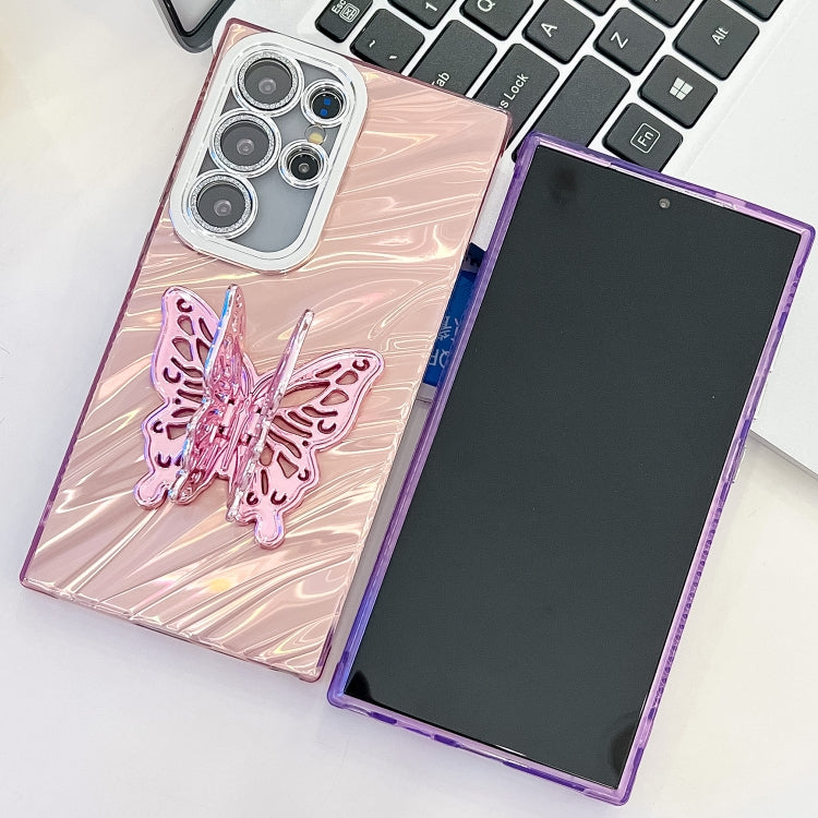 For Samsung Galaxy S25 Ultra 5G Plating Glitter Texture Butterfly Holder TPU Phone Case with Lens Film(White Water Ripples) - Galaxy S25 Ultra 5G Cases by PMC Jewellery | Online Shopping South Africa | PMC Jewellery | Buy Now Pay Later Mobicred