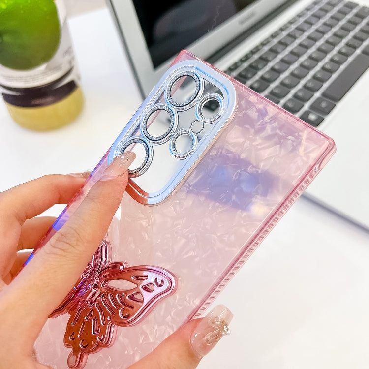 For Samsung Galaxy S25 Ultra 5G Plating Glitter Texture Butterfly Holder TPU Phone Case with Lens Film(Pink Shell Pattern) - Galaxy S25 Ultra 5G Cases by PMC Jewellery | Online Shopping South Africa | PMC Jewellery | Buy Now Pay Later Mobicred