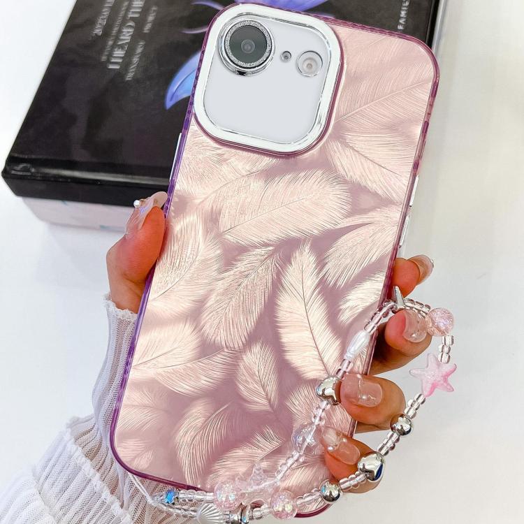 For iPhone 16e Plating Glitter Texture Chain Wristband TPU Phone Case with Lens Film(Pink Feathers) - iPhone 16e Cases by PMC TechLife | Online Shopping South Africa | PMC TechLife | Buy Now Pay Later Mobicred