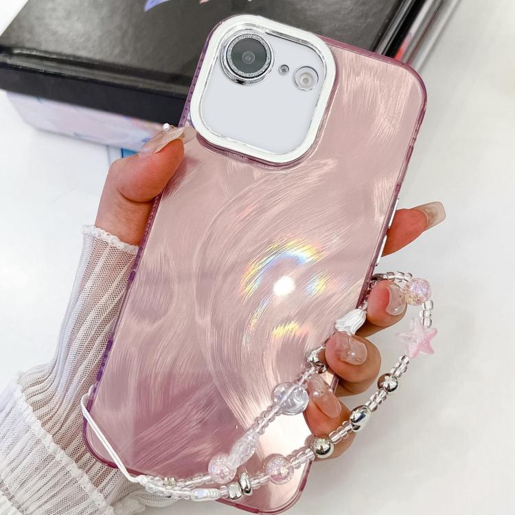 For iPhone 16e Plating Glitter Texture Chain Wristband TPU Phone Case with Lens Film(Pink Feather Yarn) - iPhone 16e Cases by PMC TechLife | Online Shopping South Africa | PMC TechLife | Buy Now Pay Later Mobicred