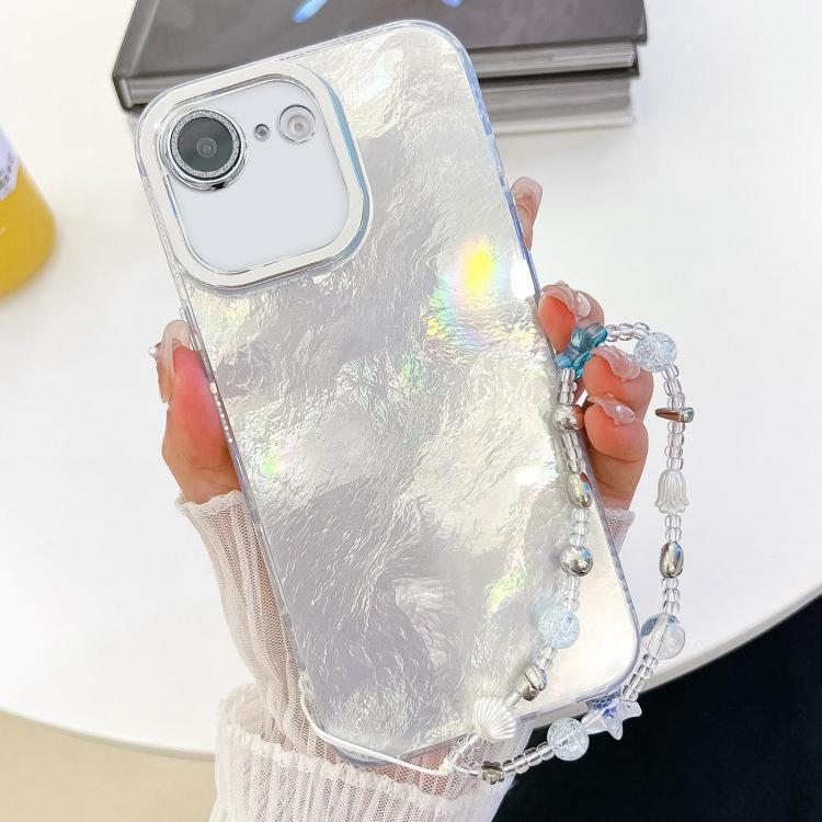 For iPhone 16e Plating Glitter Texture Chain Wristband TPU Phone Case with Lens Film(White Tinfoil Texture) - iPhone 16e Cases by PMC TechLife | Online Shopping South Africa | PMC TechLife | Buy Now Pay Later Mobicred