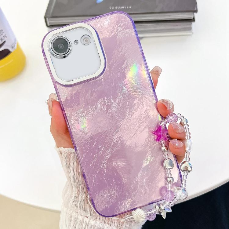 For iPhone 16e Plating Glitter Texture Chain Wristband TPU Phone Case with Lens Film(Purple Tinfoil Texture) - iPhone 16e Cases by PMC TechLife | Online Shopping South Africa | PMC TechLife | Buy Now Pay Later Mobicred