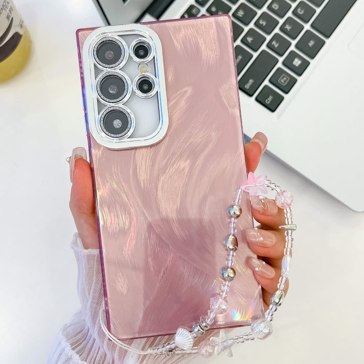 For Samsung Galaxy S25 Ultra 5G Plating Glitter Texture Chain Wristband TPU Phone Case with Lens Film(Pink Feather Yarn) - Galaxy S25 Ultra 5G Cases by PMC Jewellery | Online Shopping South Africa | PMC Jewellery | Buy Now Pay Later Mobicred