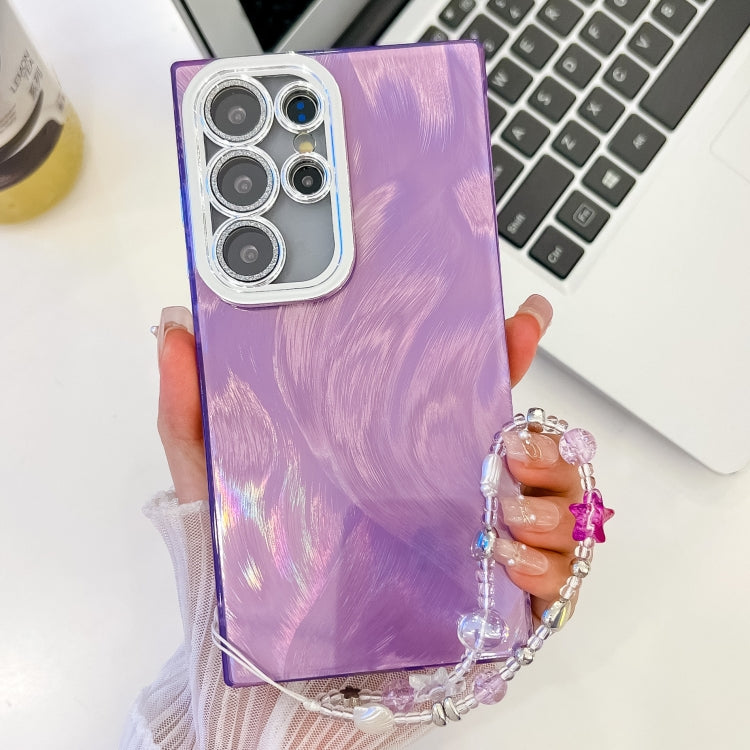 For Samsung Galaxy S25 Ultra 5G Plating Glitter Texture Chain Wristband TPU Phone Case with Lens Film(Purple Feather Yarn) - free shipping - PMC Jewellery - Order now!
