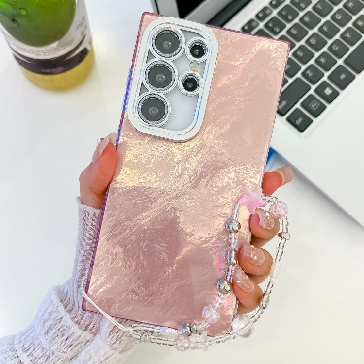 For Samsung Galaxy S25 Ultra 5G Plating Glitter Texture Chain Wristband TPU Phone Case with Lens Film(Pink Tinfoil Texture) - Galaxy S25 Ultra 5G Cases by PMC Jewellery | Online Shopping South Africa | PMC Jewellery | Buy Now Pay Later Mobicred