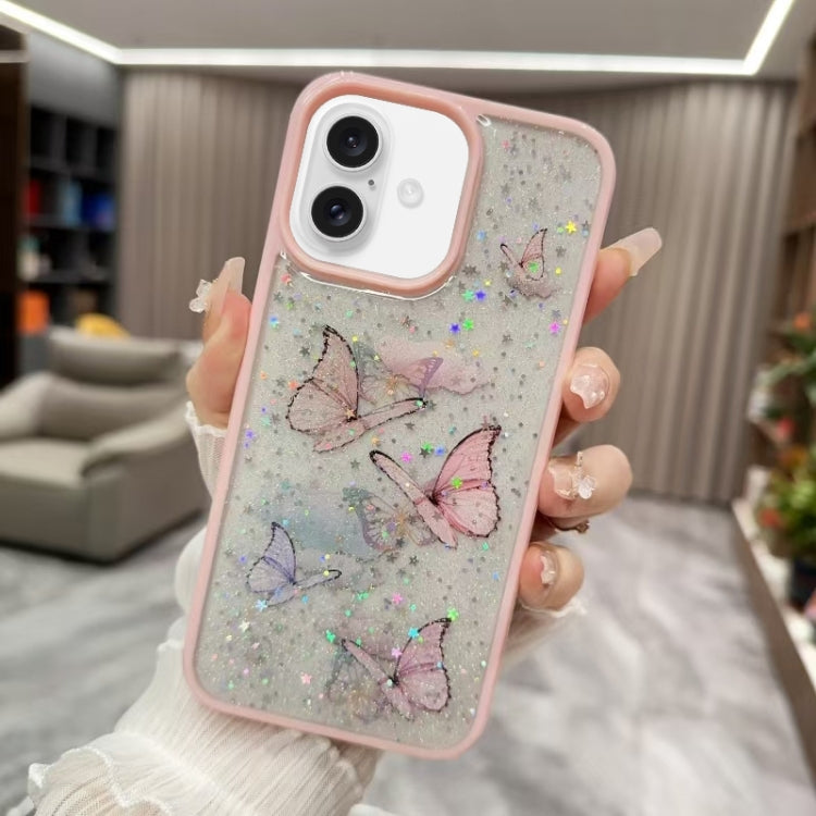 For iPhone 16 Color Butterfly Glitter Epoxy TPU Phone Case(Pink) - iPhone 16 Cases by PMC TechLife | Online Shopping South Africa | PMC TechLife | Buy Now Pay Later Mobicred