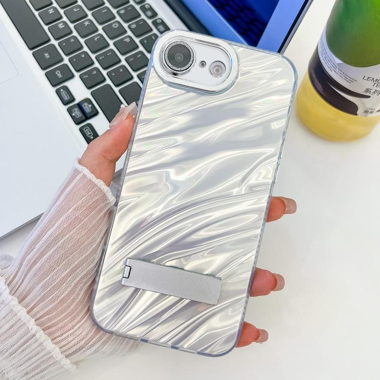 For iPhone 16e Plating Glitter Texture Fold Holder TPU Phone Case with Lens Film(White Water Ripples) - iPhone 16e Cases by PMC TechLife | Online Shopping South Africa | PMC TechLife | Buy Now Pay Later Mobicred