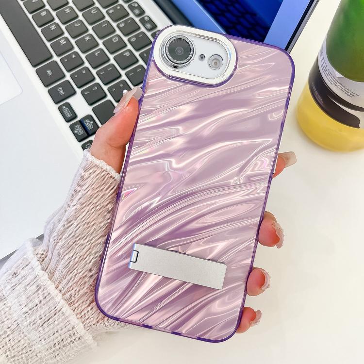 For iPhone 16e Plating Glitter Texture Fold Holder TPU Phone Case with Lens Film(Purple Water Ripples) - iPhone 16e Cases by PMC TechLife | Online Shopping South Africa | PMC TechLife | Buy Now Pay Later Mobicred