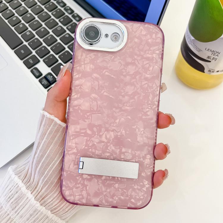 For iPhone 16e Plating Glitter Texture Fold Holder TPU Phone Case with Lens Film(Pink Shell Pattern) - iPhone 16e Cases by PMC TechLife | Online Shopping South Africa | PMC TechLife | Buy Now Pay Later Mobicred