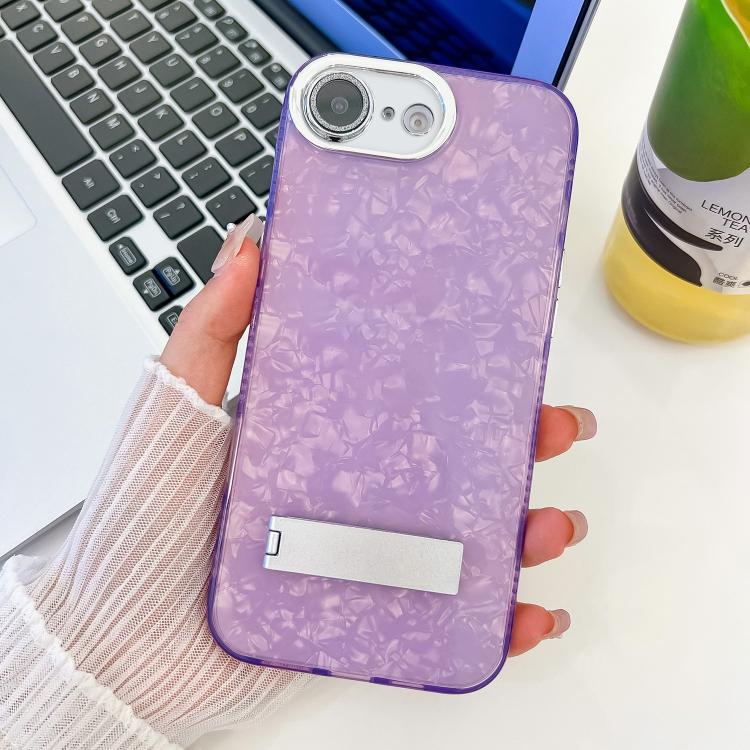 For iPhone 16e Plating Glitter Texture Fold Holder TPU Phone Case with Lens Film(Purple Shell Pattern) - iPhone 16e Cases by PMC TechLife | Online Shopping South Africa | PMC TechLife | Buy Now Pay Later Mobicred