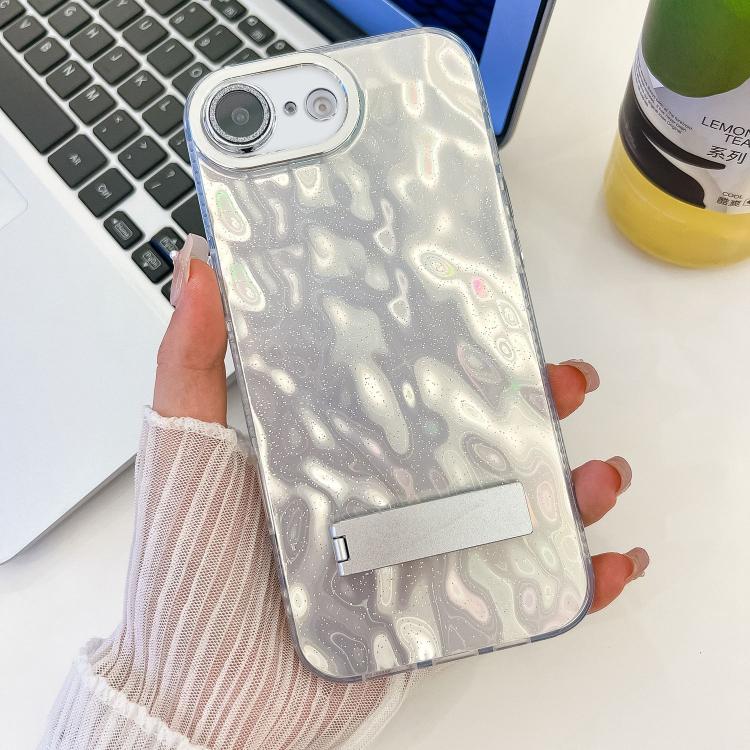 For iPhone 16e Plating Glitter Texture Fold Holder TPU Phone Case with Lens Film(White Wrinkles) - iPhone 16e Cases by PMC TechLife | Online Shopping South Africa | PMC TechLife | Buy Now Pay Later Mobicred