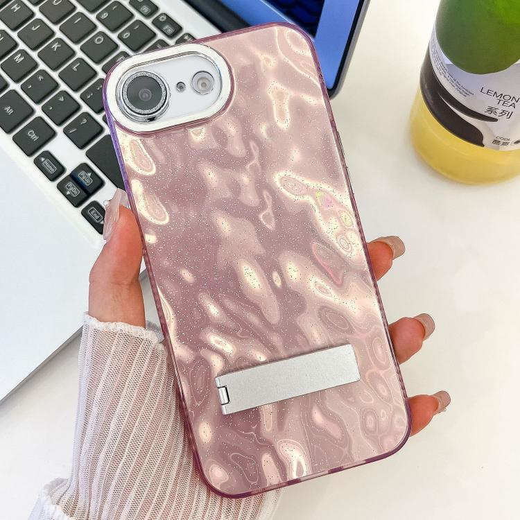 For iPhone 16e Plating Glitter Texture Fold Holder TPU Phone Case with Lens Film(Pink Wrinkles) - iPhone 16e Cases by PMC TechLife | Online Shopping South Africa | PMC TechLife | Buy Now Pay Later Mobicred