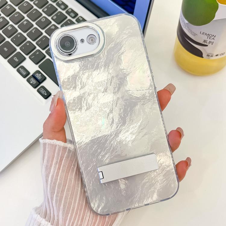 For iPhone 16e Plating Glitter Texture Fold Holder TPU Phone Case with Lens Film(White Tinfoil Texture) - iPhone 16e Cases by PMC TechLife | Online Shopping South Africa | PMC TechLife | Buy Now Pay Later Mobicred
