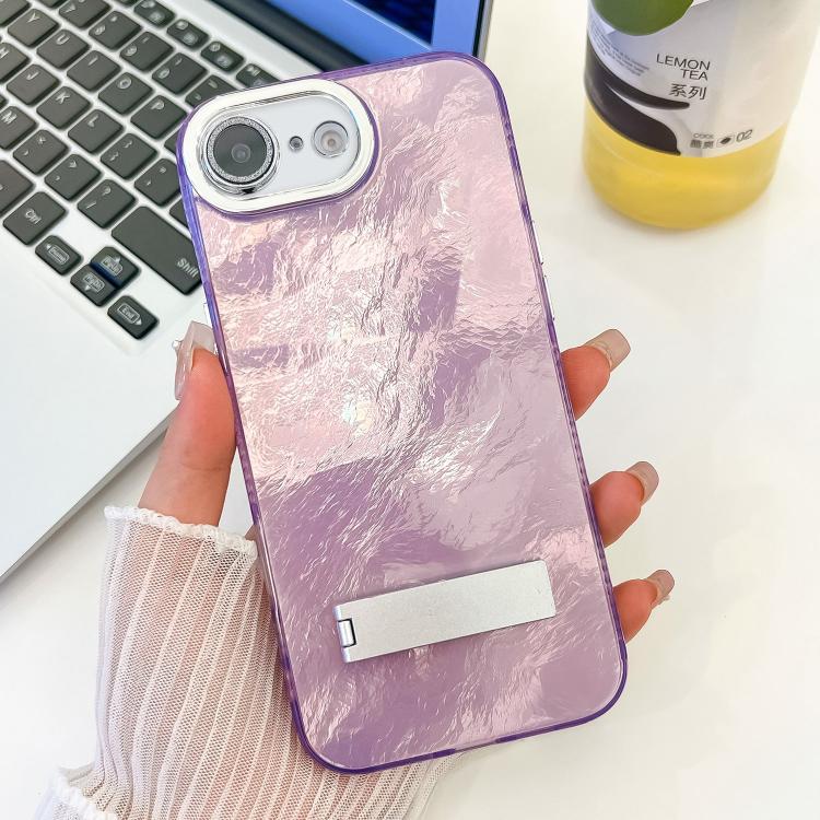For iPhone 16e Plating Glitter Texture Fold Holder TPU Phone Case with Lens Film(Purple Tinfoil Texture) - iPhone 16e Cases by PMC TechLife | Online Shopping South Africa | PMC TechLife | Buy Now Pay Later Mobicred