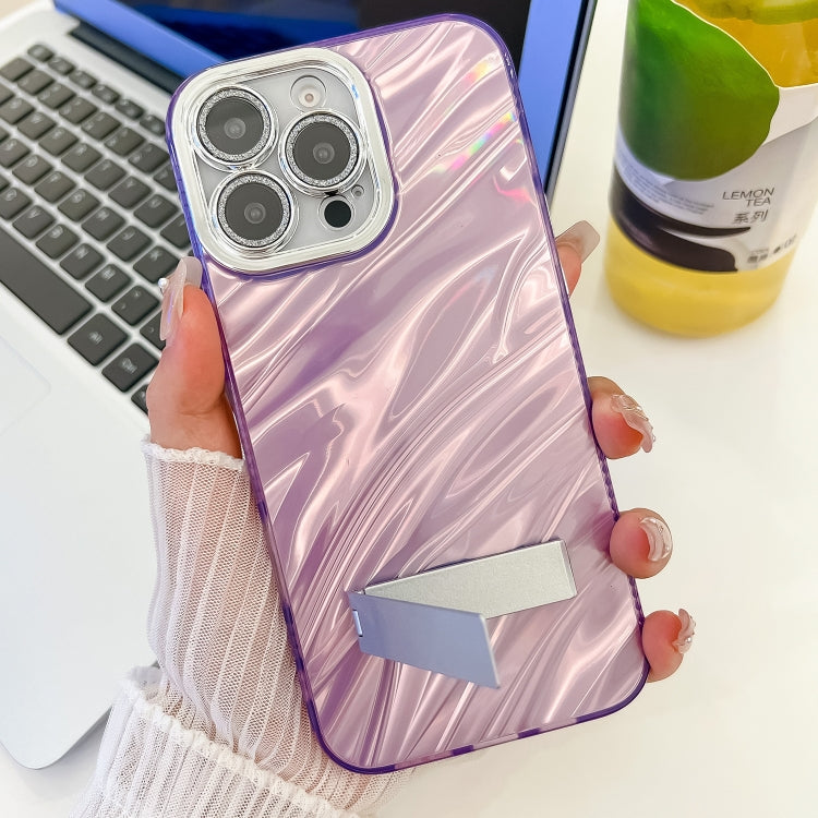 For iPhone 16e Plating Glitter Texture Fold Holder TPU Phone Case with Lens Film(Purple Water Ripples) - iPhone 16e Cases by PMC TechLife | Online Shopping South Africa | PMC TechLife | Buy Now Pay Later Mobicred