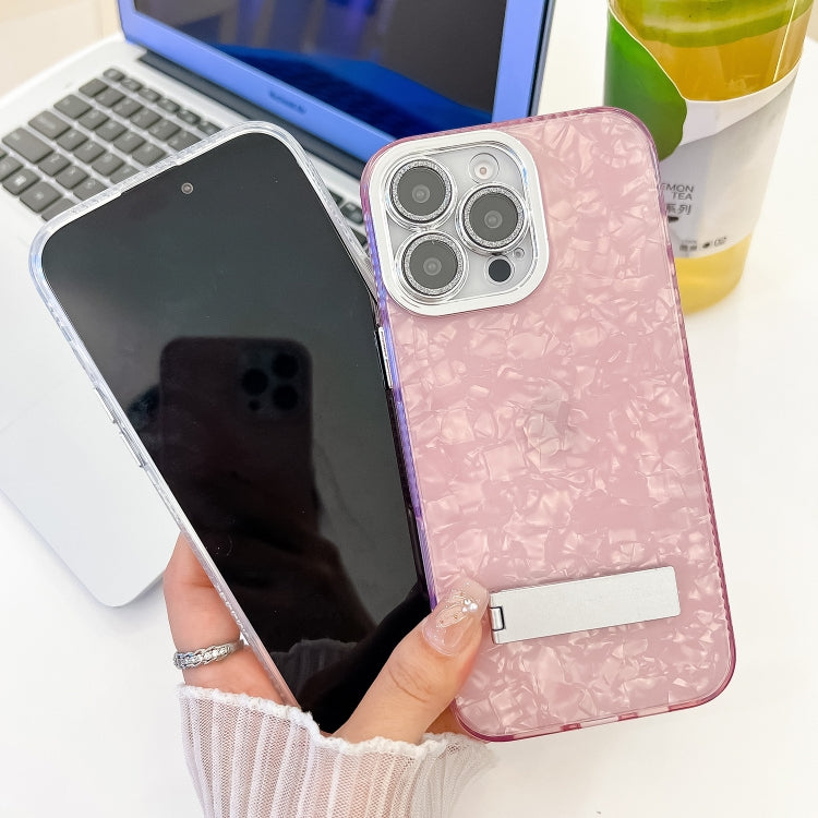 For iPhone 16e Plating Glitter Texture Fold Holder TPU Phone Case with Lens Film(Pink Tinfoil Texture) - iPhone 16e Cases by PMC TechLife | Online Shopping South Africa | PMC TechLife | Buy Now Pay Later Mobicred