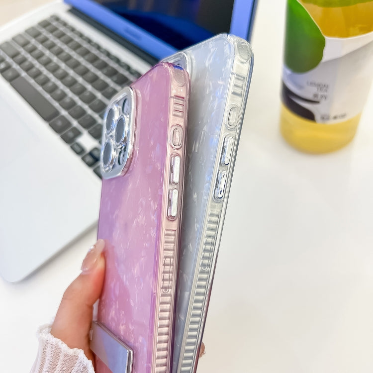 For iPhone 16e Plating Glitter Texture Fold Holder TPU Phone Case with Lens Film(Pink Feather Yarn) - iPhone 16e Cases by PMC TechLife | Online Shopping South Africa | PMC TechLife | Buy Now Pay Later Mobicred