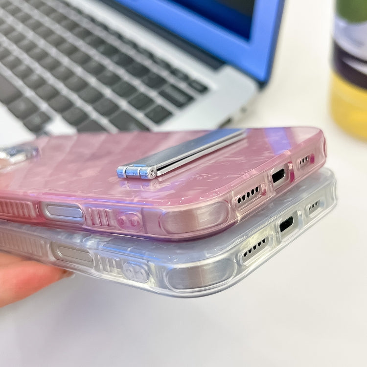 For iPhone 16e Plating Glitter Texture Fold Holder TPU Phone Case with Lens Film(Pink Water Ripples) - iPhone 16e Cases by PMC TechLife | Online Shopping South Africa | PMC TechLife | Buy Now Pay Later Mobicred
