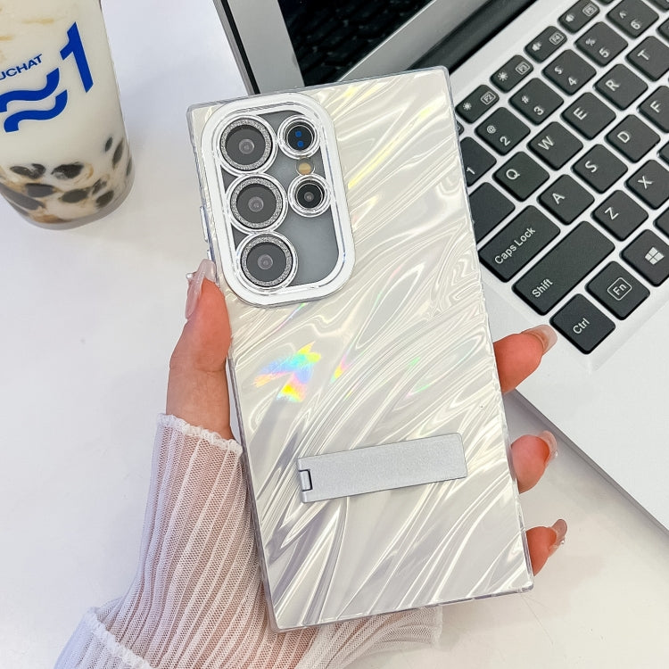 For Samsung Galaxy S25 Ultra 5G Plating Glitter Texture Fold Holder TPU Phone Case with Lens Film(White Water Ripples) - Galaxy S25 Ultra 5G Cases by PMC Jewellery | Online Shopping South Africa | PMC Jewellery | Buy Now Pay Later Mobicred