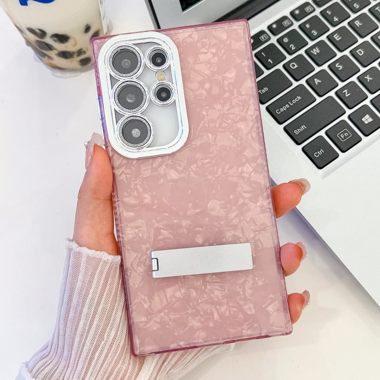 For Samsung Galaxy S25 Ultra 5G Plating Glitter Texture Fold Holder TPU Phone Case with Lens Film(Pink Shell Pattern) - free shipping - PMC Jewellery - Order now!