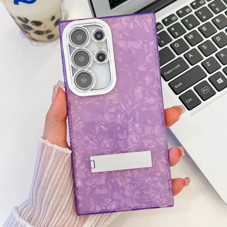 For Samsung Galaxy S25 Ultra 5G Plating Glitter Texture Fold Holder TPU Phone Case with Lens Film(Purple Shell Pattern) - Galaxy S25 Ultra 5G Cases by PMC Jewellery | Online Shopping South Africa | PMC Jewellery | Buy Now Pay Later Mobicred