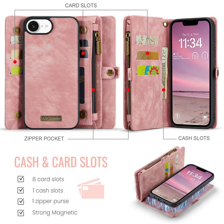 For iPhone 16e CaseMe 008 Detachable Multifunctional Leather Phone Case(Pink) - iPhone 16e Cases by CaseMe | Online Shopping South Africa | PMC TechLife | Buy Now Pay Later Mobicred