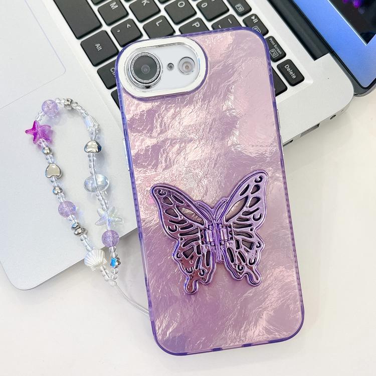 For iPhone 16e Plating Glitter Lens Film Texture Butterfly Holder Wristband Phone Case(Purple Tinfoil Texture) - free shipping - PMC TechLife - Order now!